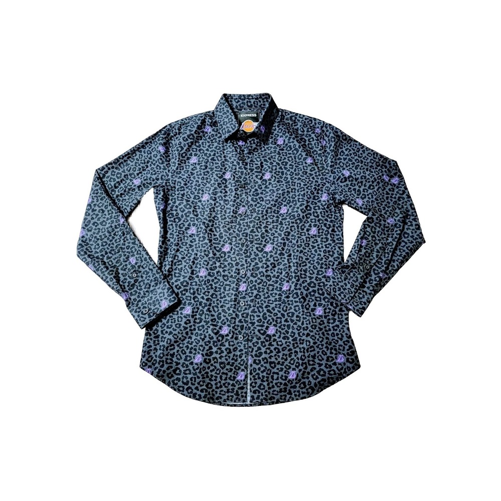 Lakers Button Down Leopard Print Shirt Mens Size S Slim Gray Black Long Sleeve